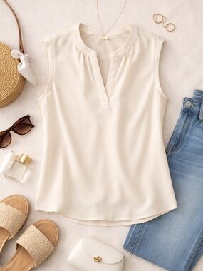 Anthro MELLoday Cream Sleeveless Blouse | Mandarin Collar Minimal Chic